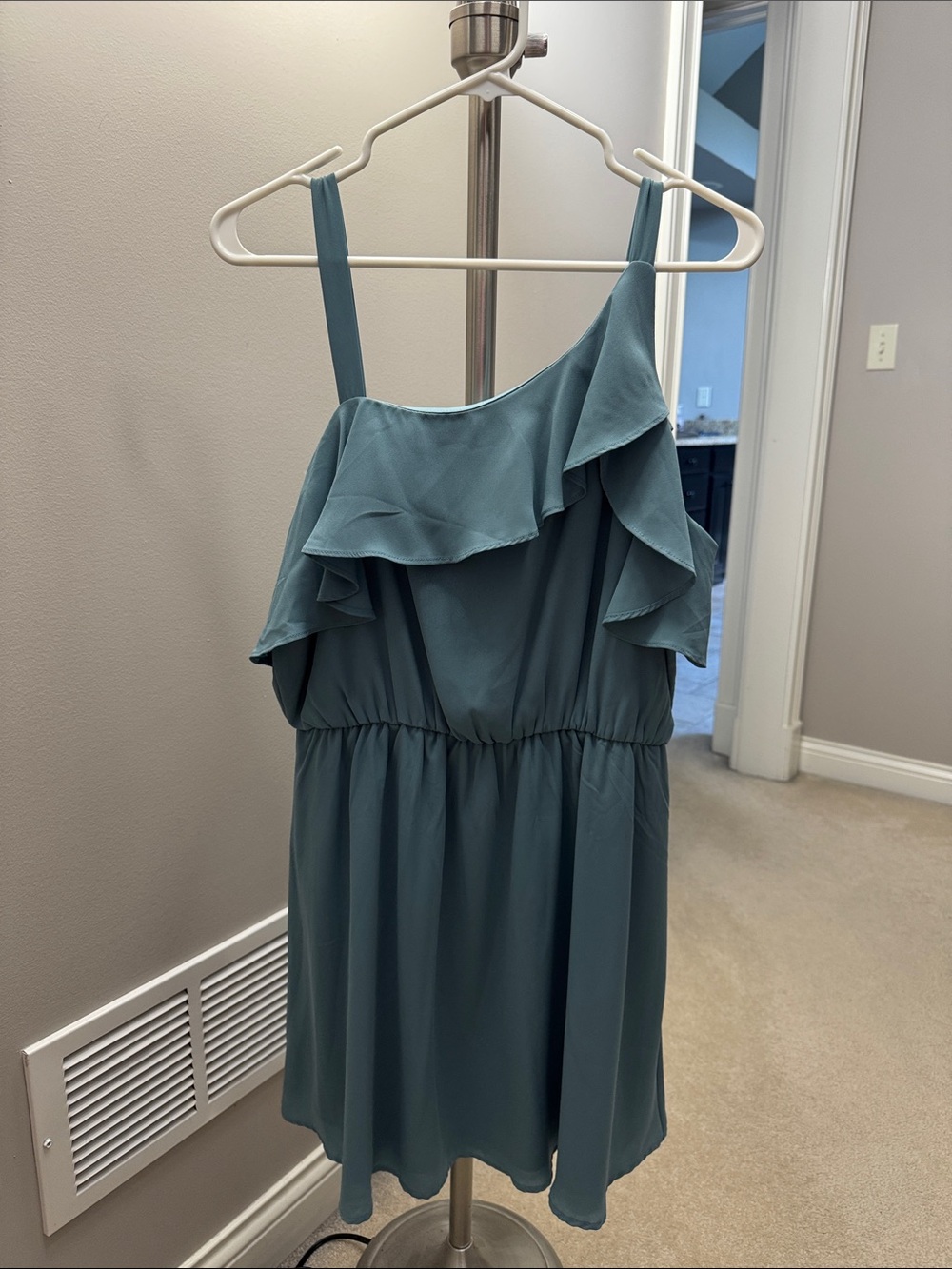 Maurices Dusty Teal Ruffle One-Shoulder Mini Dress